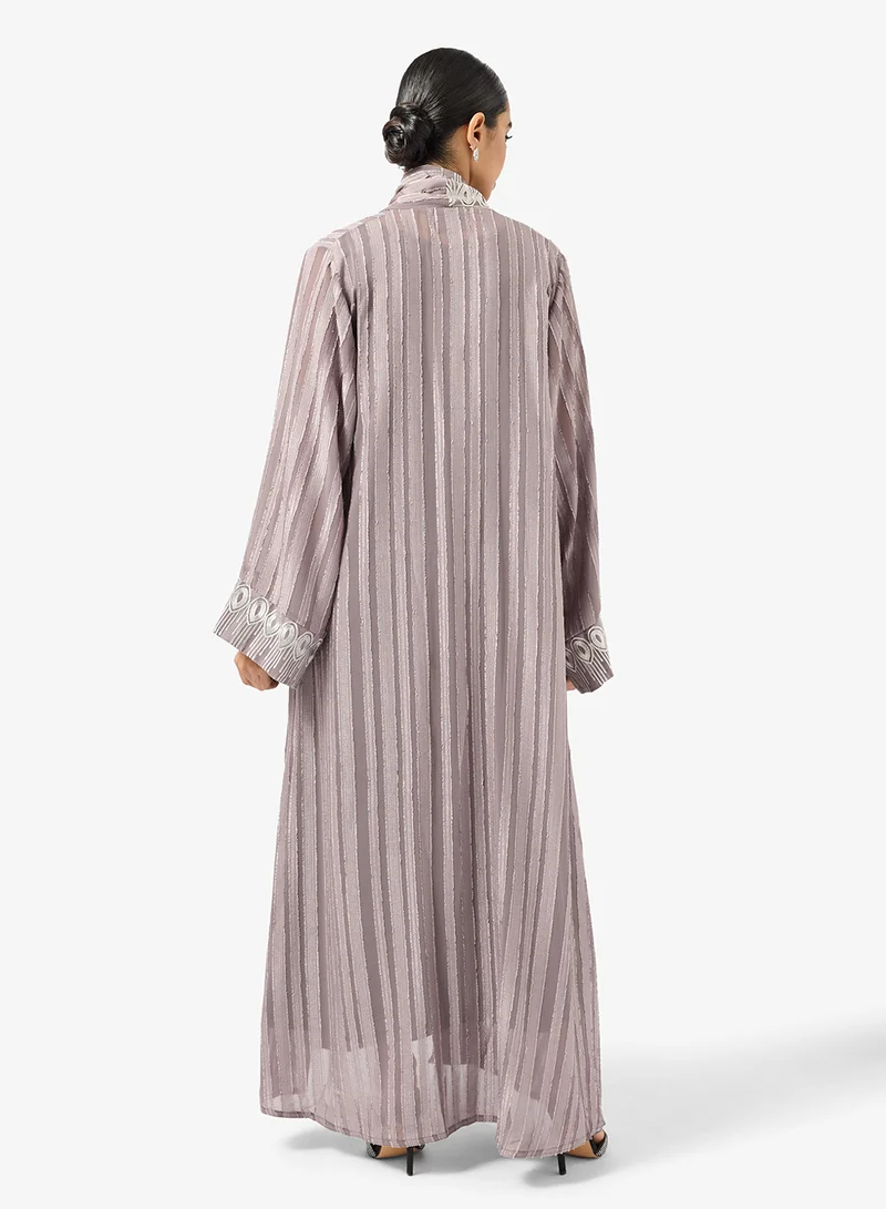 hayas closet Floral Embroidered And Embellished Open Front High Neck Abaya